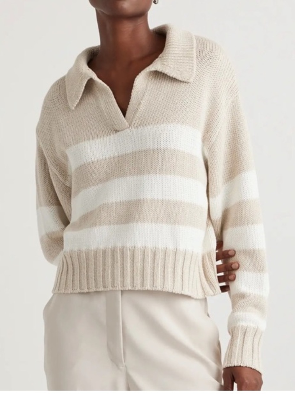 Quince Cropped Cotton Polo Sweater Speckled Beige Ivory Stripe Small